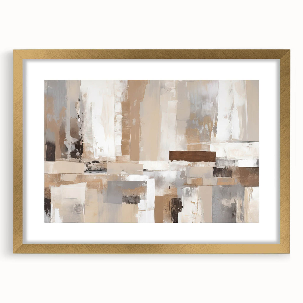 Abstract wall art showcasing an elegant design of strokes and lines in neutral tones, framed with a gold border, creating a modern aesthetic for home decor.