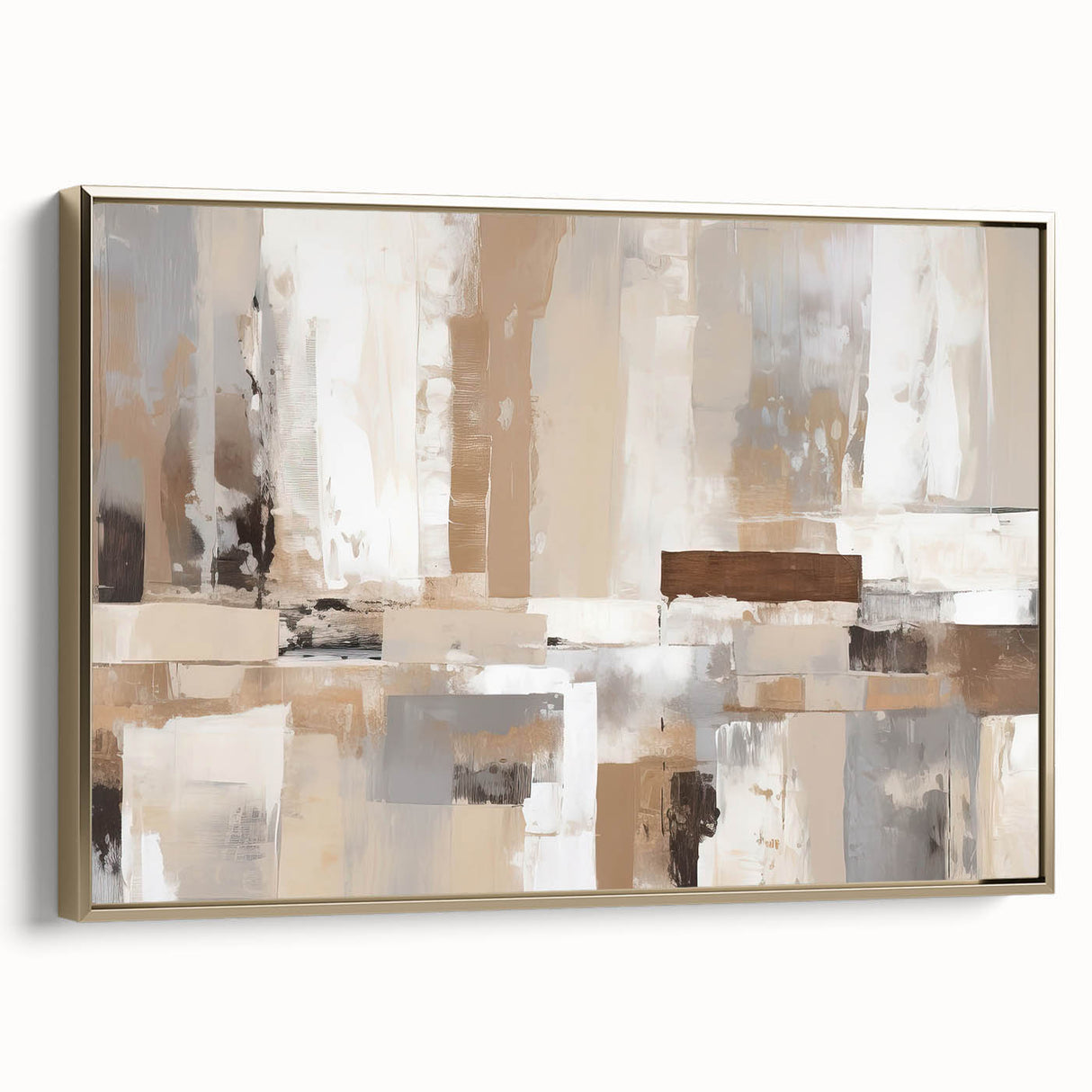 Framed canvas wall art showcasing an elegant abstract design with gold strokes and lines, perfect for modern home decor, viewed from the side.