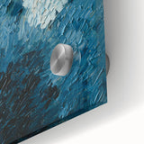 Abstract wall art featuring vibrant strokes and lines in shades of blue, orange, and gold, printed on acrylic glass, showcasing a modern design ideal for contemporary decor.