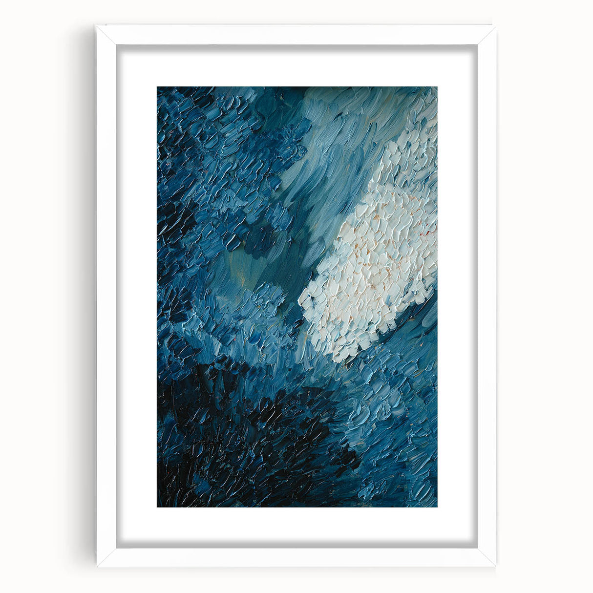 Abstract wall art featuring a contemporary design of colorful strokes and lines in a white frame with a mat, perfect for modern home decor. Ideal for adding a vibrant touch to living spaces or offices.