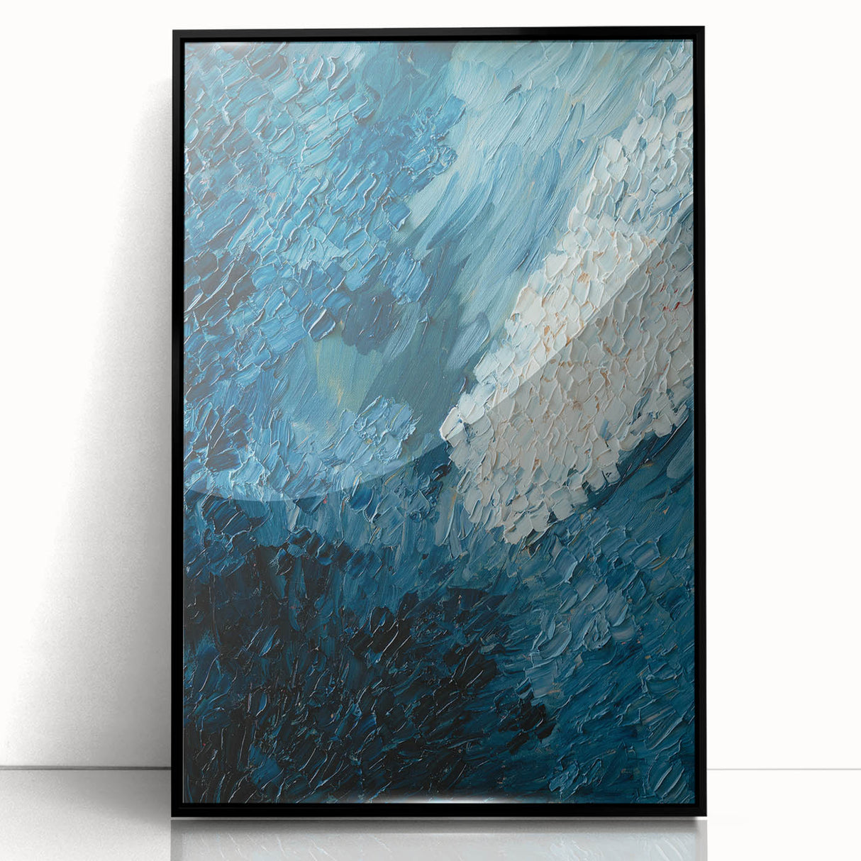 Framed acrylic wall art featuring an abstract design of colorful strokes and lines in a modern style, displayed against a sleek black frame, perfect for contemporary home decor.
