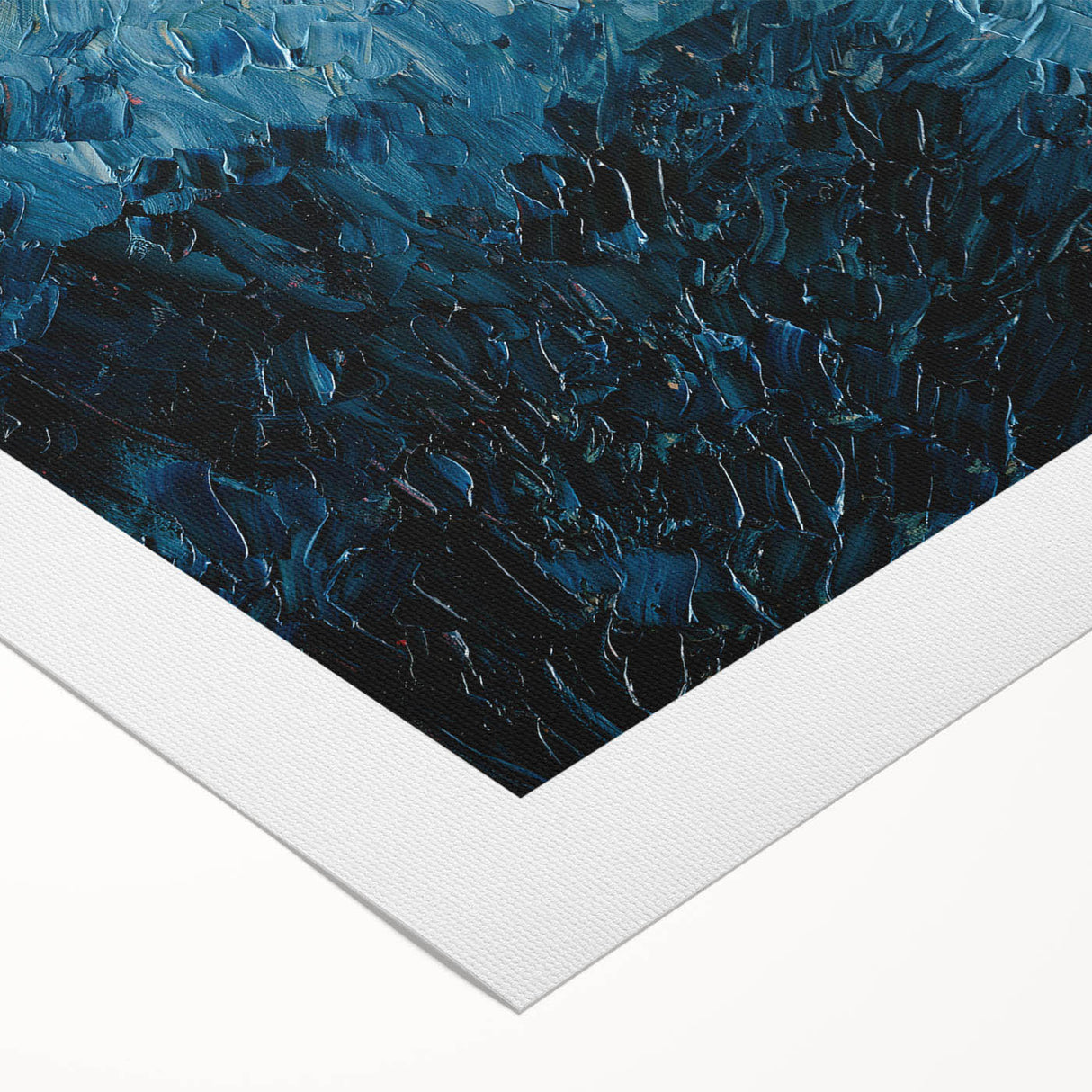 Abstract wall art design showcasing vibrant strokes and lines in a mix of blue and gold hues, printed on rolled canvas for easy display and versatility. Perfect for modern home decor.