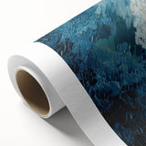 Abstract wall art design showcasing vibrant strokes and lines in shades of blue, orange, and yellow, printed on rolled canvas for easy display.