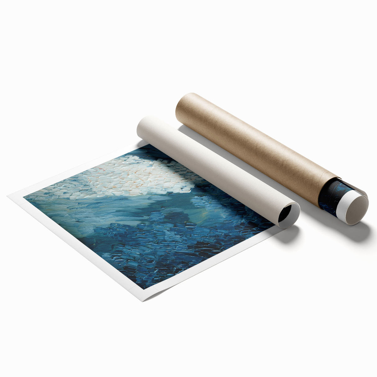 Abstract wall art print featuring dynamic strokes and lines in vibrant colors, showcasing an artistic blend of blue, orange, and yellow hues. Perfect for modern home decor.