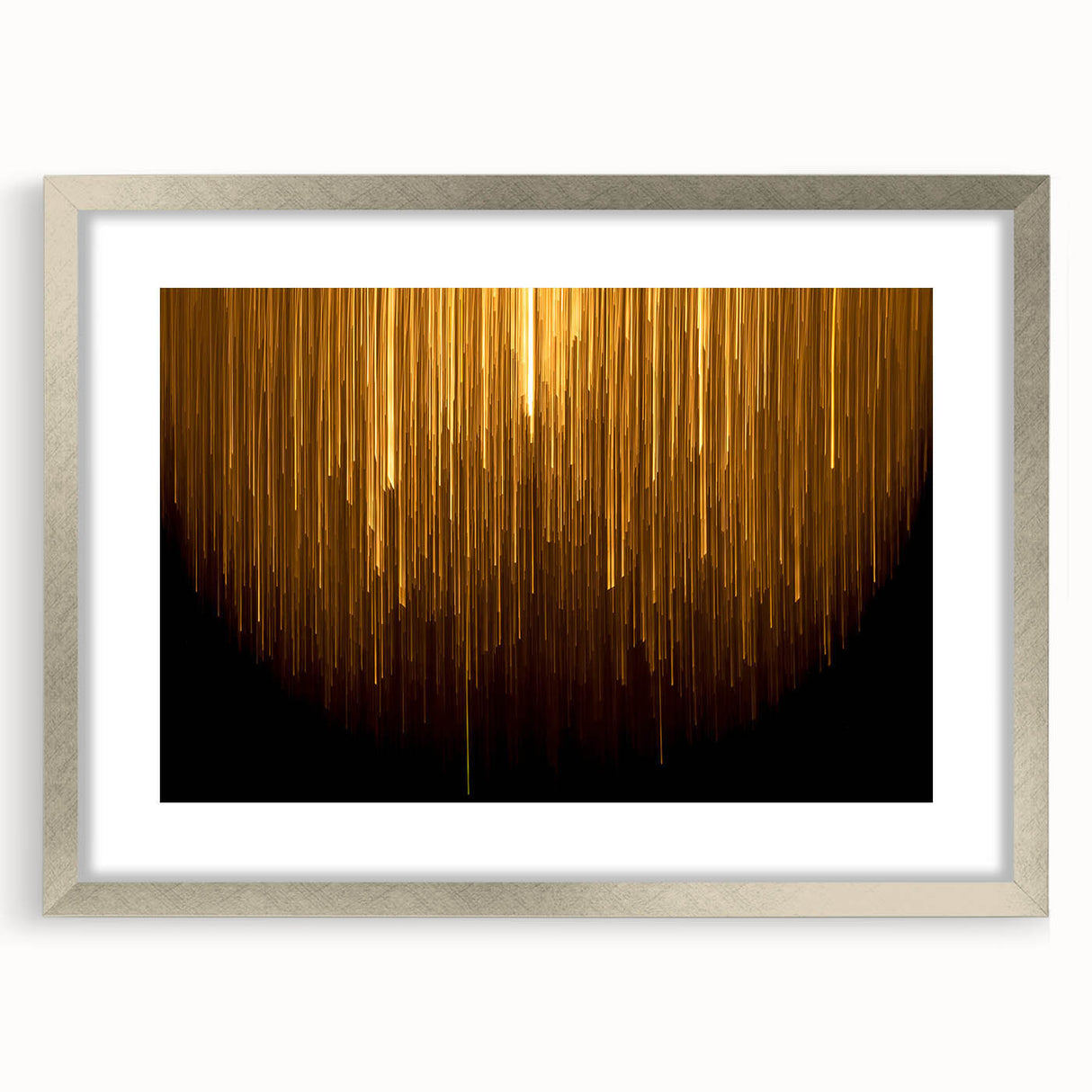 Abstract wall art featuring bold strokes and lines in a modern design, elegantly framed with a silver mat, showcasing a contemporary aesthetic for home decor.