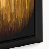 Close-up of an abstract wall art design featuring vibrant strokes and lines in blue, orange, and gold, framed elegantly for modern decor in living spaces.