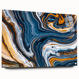 Abstract wall art design showcasing vibrant strokes and lines in a modern acrylic glass frame, featuring a side view with decorative pins for hanging.