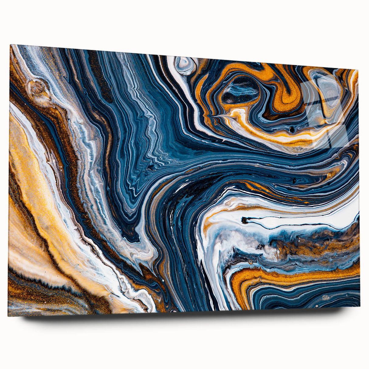 Abstract wall art featuring vibrant strokes and lines in a modern design, displayed in a sleek acrylic frame, ideal for contemporary home décor.