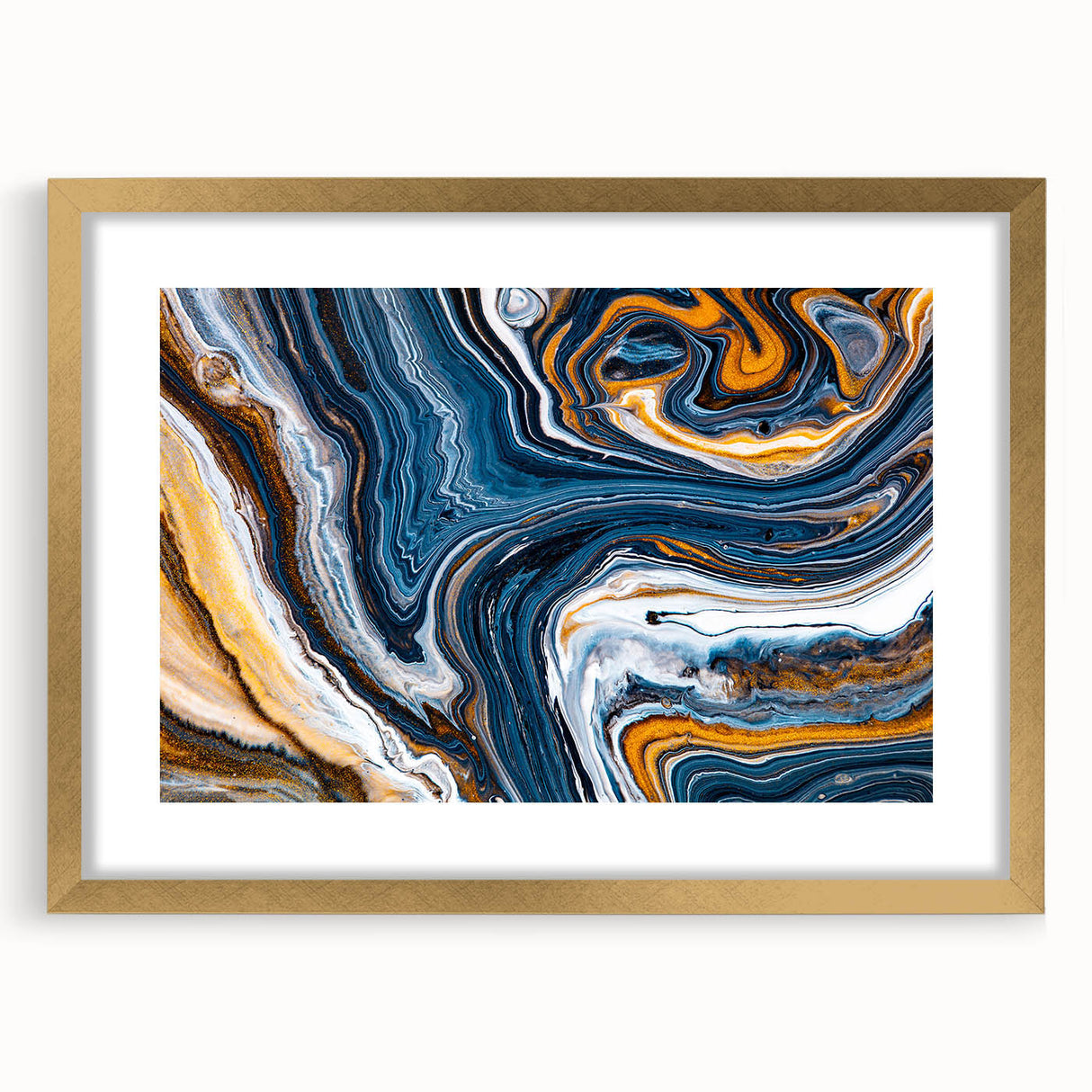 Abstract wall art featuring elegant strokes and lines in a modern design, framed with a gold mat, adding a touch of sophistication to any decor.