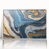 Framed wall art showcasing an abstract design of colorful strokes and lines, featuring a white frame that enhances the vibrant artwork, ideal for modern decor.