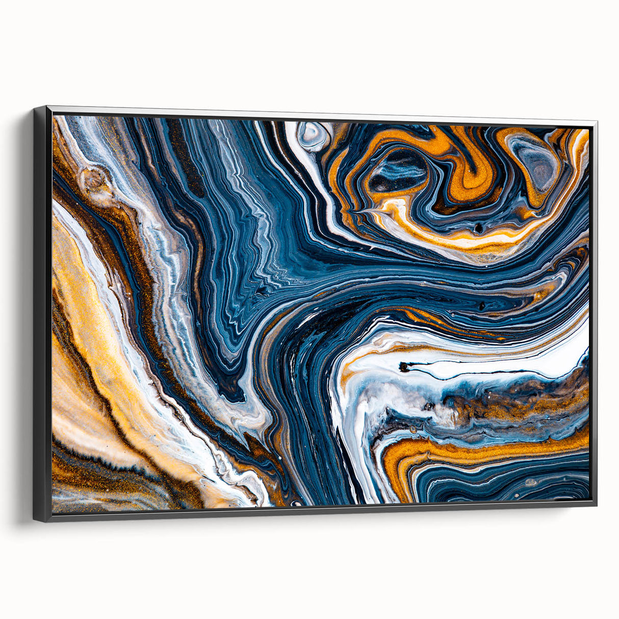 Framed wall art depicting abstract strokes and lines in a modern design, featuring a black side view that highlights its elegant framing and artistic texture.