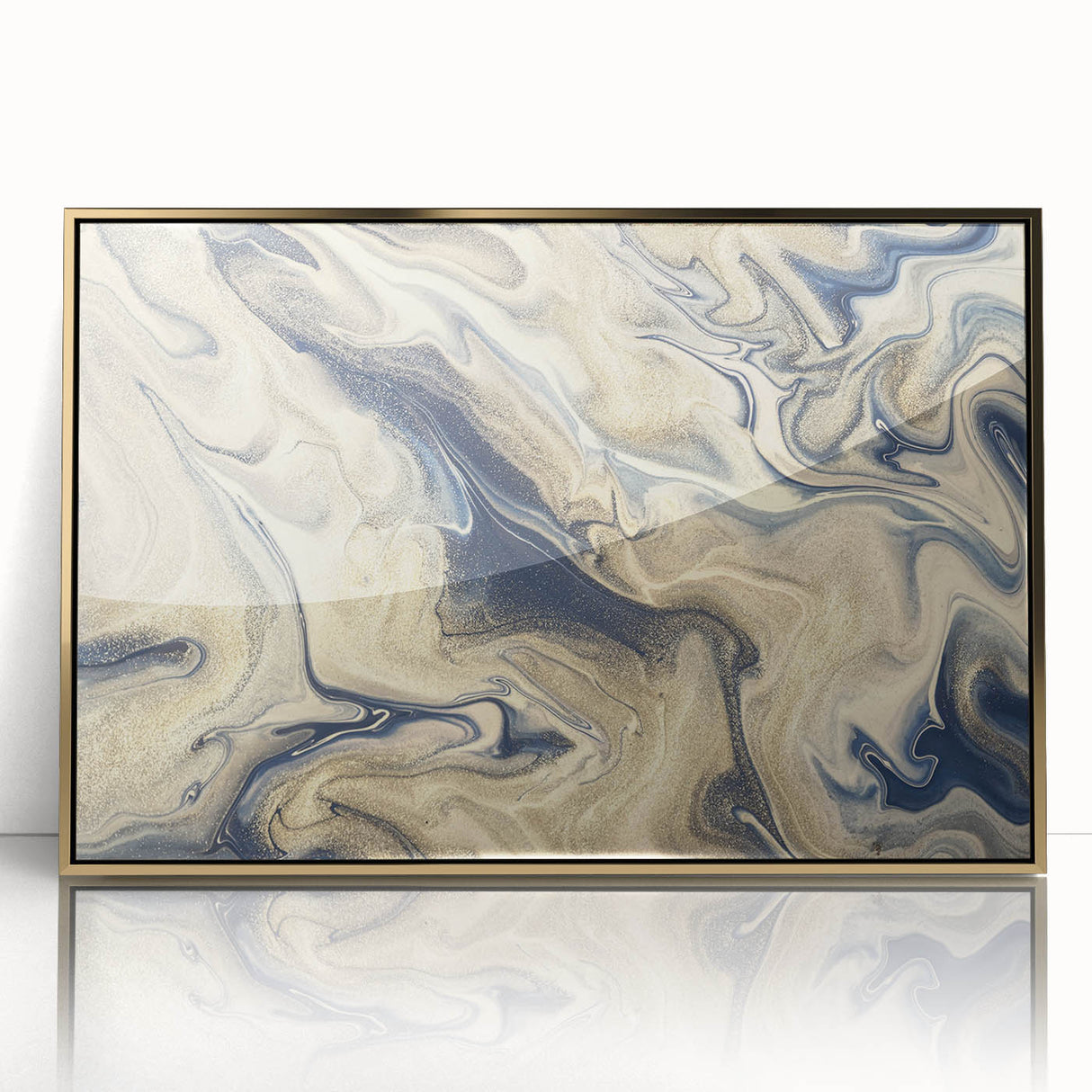 Framed wall art showcasing an abstract design with gold strokes and lines, perfect for modern decor. Ideal for enhancing living spaces with elegance.