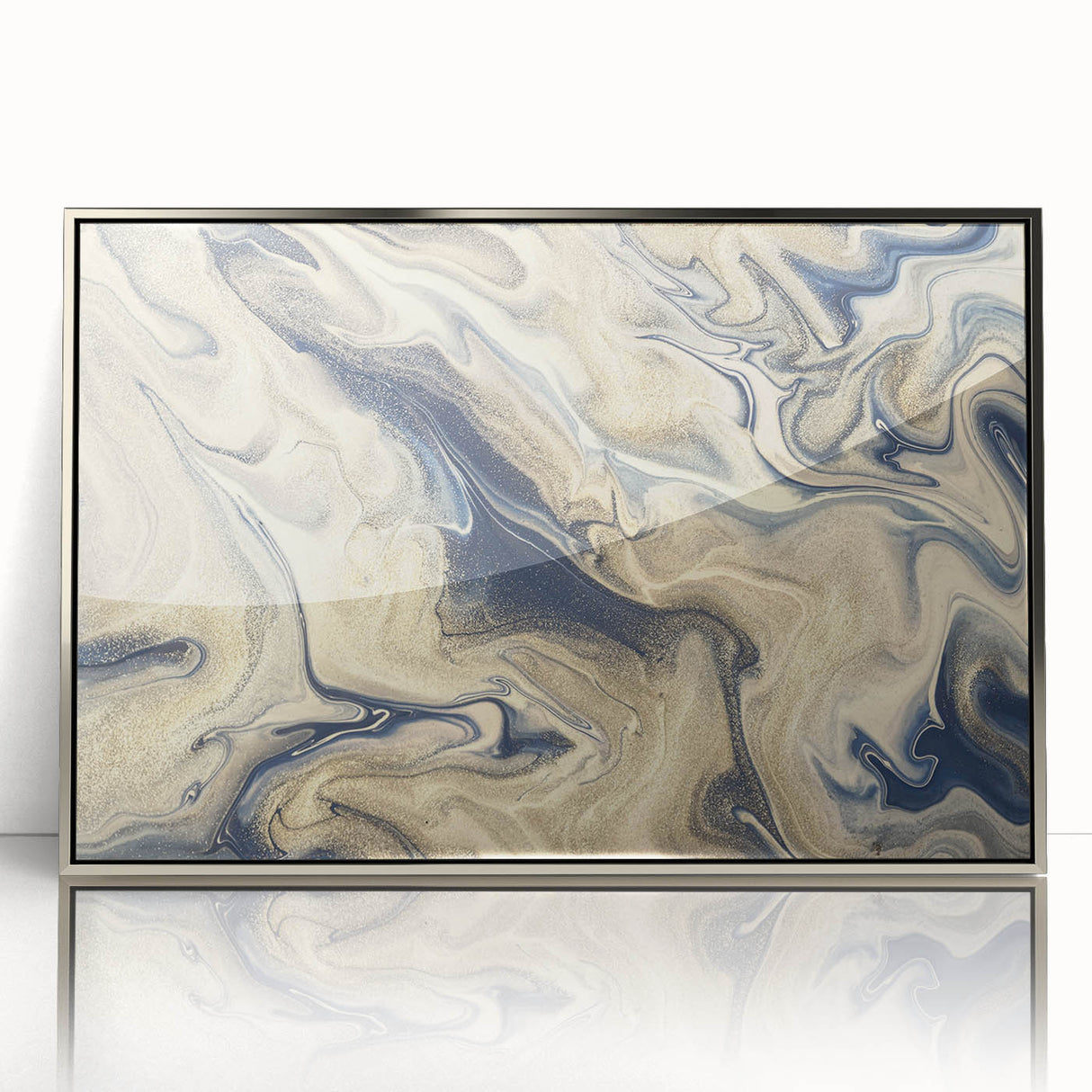 Framed wall art featuring an abstract design of strokes and lines in silver and gray tones, perfect for modern decor. Ideal for adding a contemporary touch to living spaces.