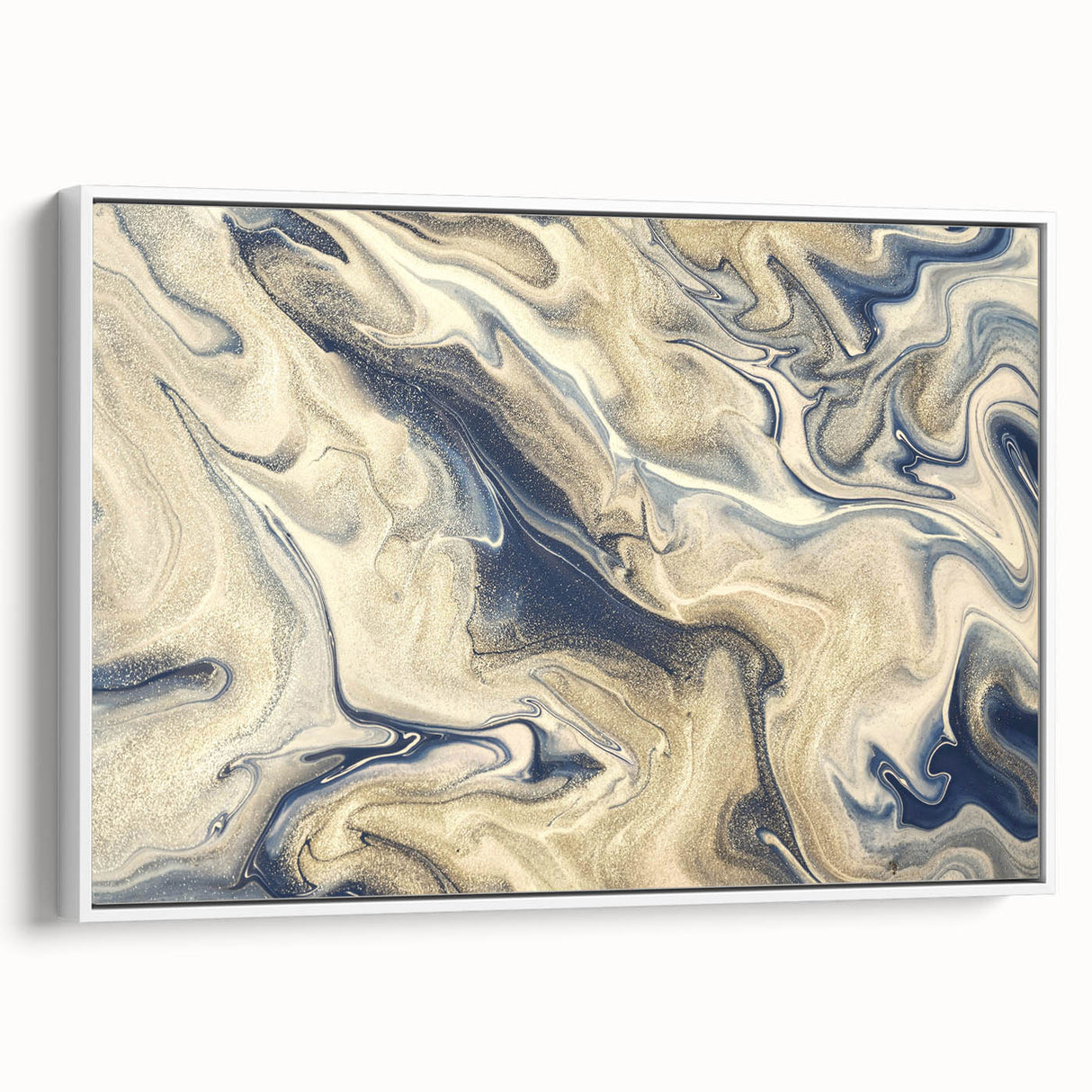 Framed abstract wall art showcasing vibrant strokes and lines in a minimalist design, featuring a white background and a sleek side view, perfect for modern decor.
