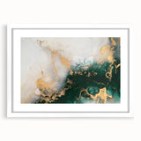 Abstract wall art featuring dynamic strokes and lines in shades of blue and gold, framed with a white mat, perfect for modern home decor.