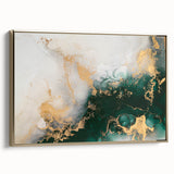 Framed canvas wall art featuring an abstract design of gold strokes and lines, showcasing a modern aesthetic with a sleek side view, perfect for contemporary decor.