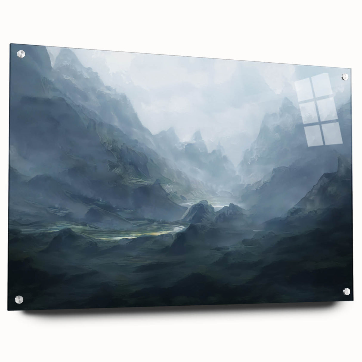 Abstract wall art featuring a vibrant design of colorful strokes and lines on acrylic glass, displayed from the side with pins, ideal for modern decor.