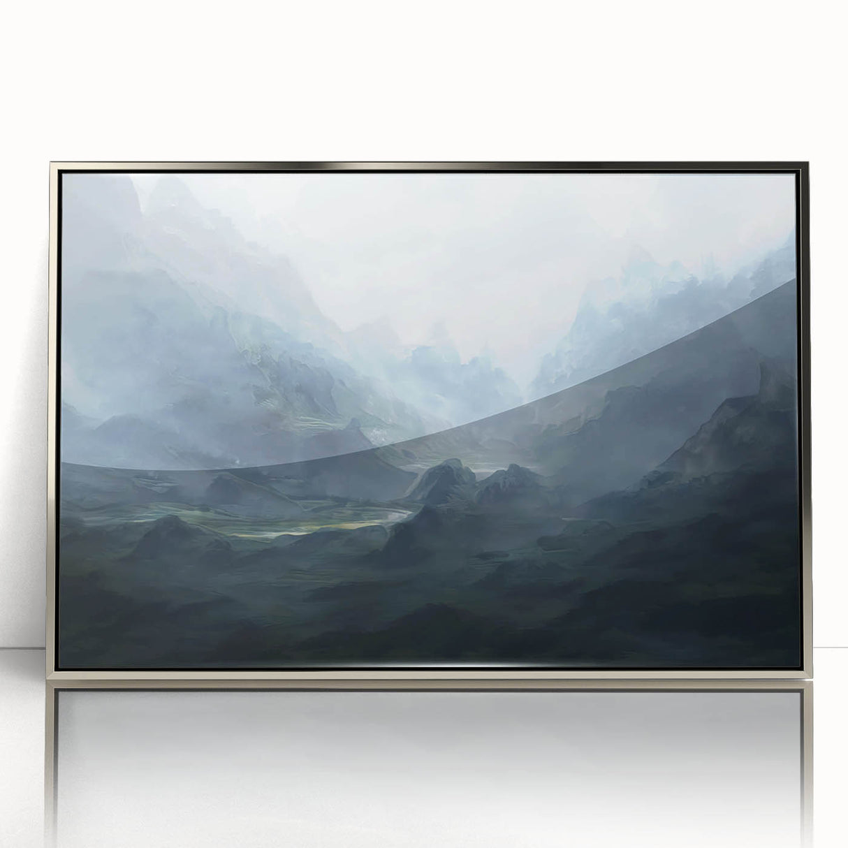 Framed wall art featuring an abstract design of colorful strokes and lines in silver and gray tones, perfect for modern home decor or office spaces.