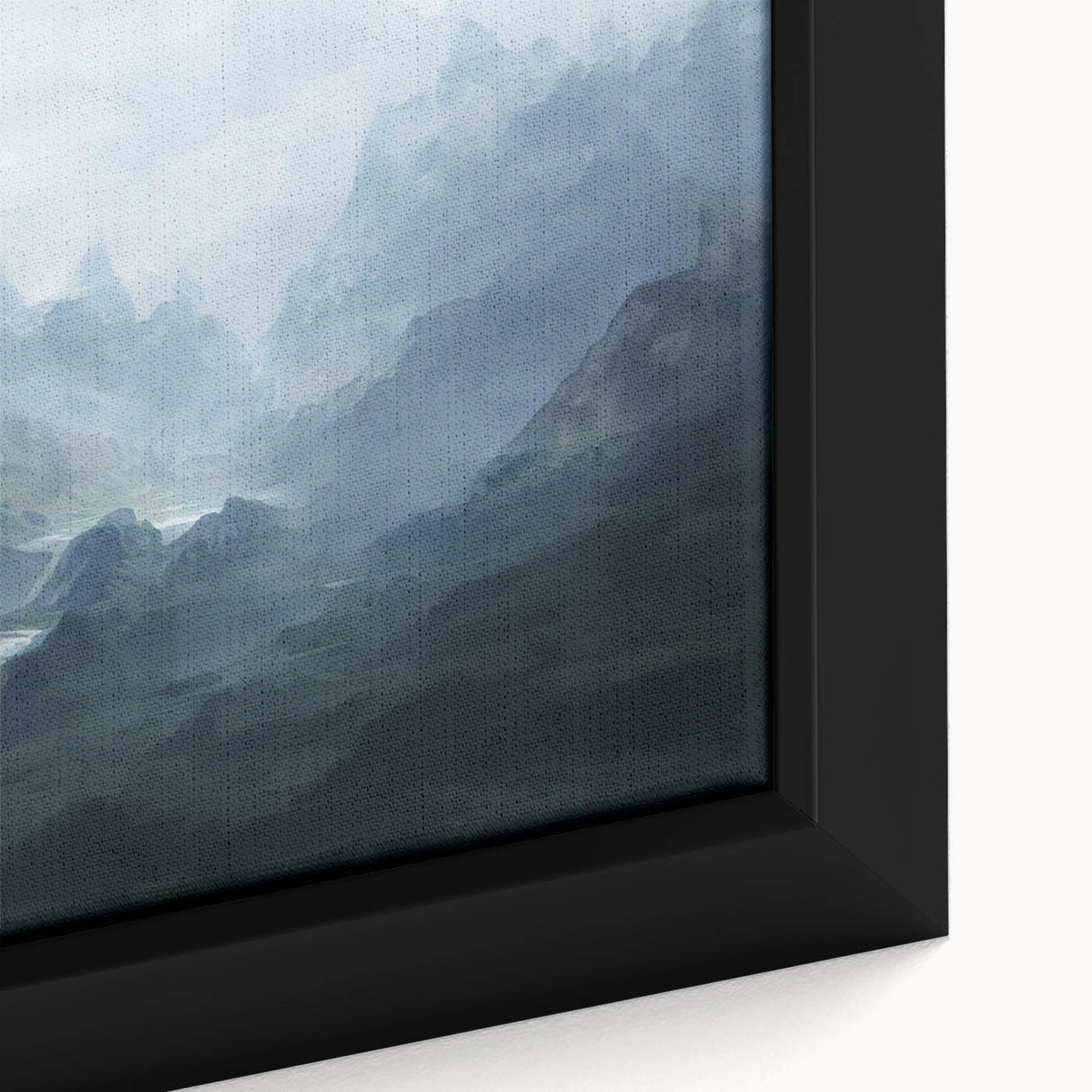 Close-up of a framed canvas showcasing an abstract strokes and lines design, featuring vibrant colors of blue, gold, and white, perfect for modern home decor.