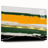 Acrylic glass wall art showcasing an abstract design of colorful strokes and lines, displayed with decorative pins, highlighting a modern artistic style.