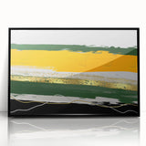 Framed acrylic wall art featuring an abstract design with colorful strokes and lines, set against a sleek black frame, perfect for modern home decor.