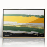 Framed wall art featuring an abstract design with golden strokes and lines, set against a white background, ideal for modern home decor. Perfect for enhancing contemporary interiors.