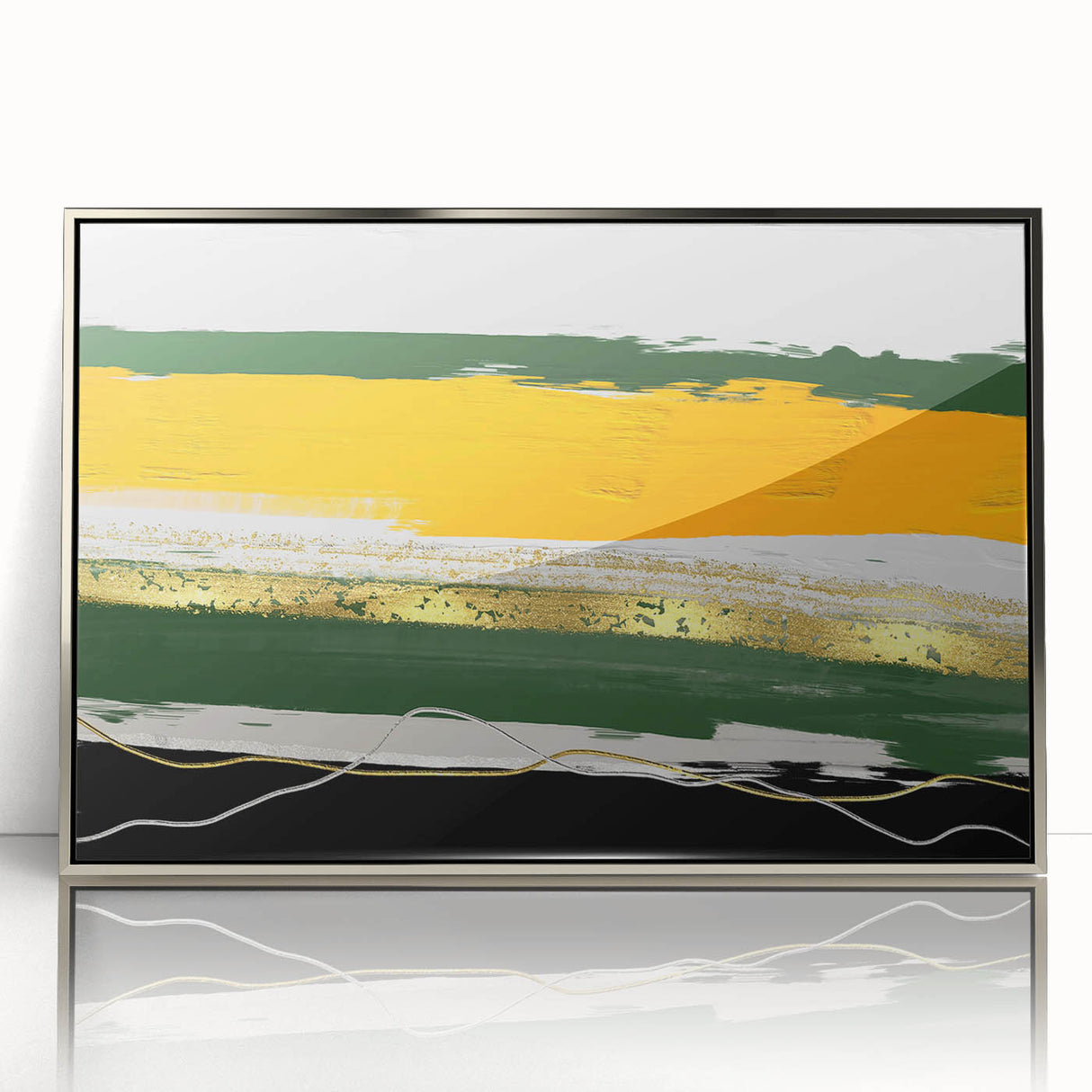 Framed acrylic wall art showcasing an abstract design with dynamic strokes and lines in silver tones, perfect for modern home decor and artistic expression.