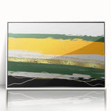 Framed acrylic wall art showcasing an abstract design of colorful strokes and lines, featuring a white frame, perfect for modern home decor.