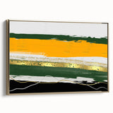 Framed canvas wall art showcasing an abstract design of gold strokes and lines, elegantly displayed in a side view. Perfect for modern home decor enhancement.