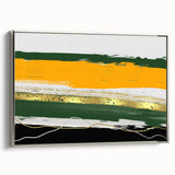 Framed canvas wall art featuring an abstract design of colorful strokes and lines, presented in a sleek silver frame, ideal for modern home decor.
