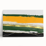 Abstract wall art featuring vibrant strokes and lines in shades of blue, orange, and yellow, displayed on a stretched canvas leaning against a wall, perfect for modern decor.