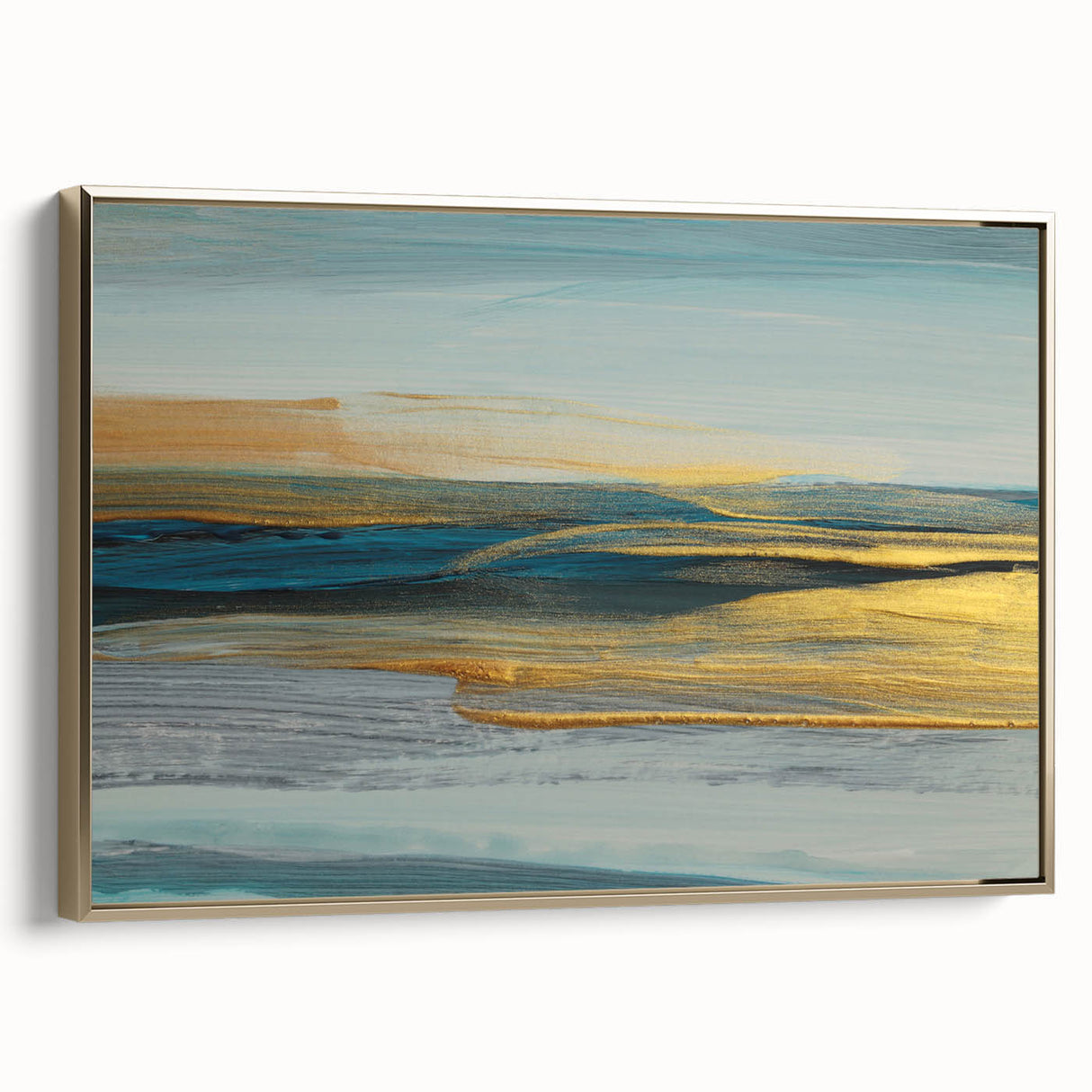 Framed wall art featuring an abstract design of gold strokes and lines on a textured canvas. The sophisticated piece adds elegance to modern decor, perfect for enhancing living spaces.