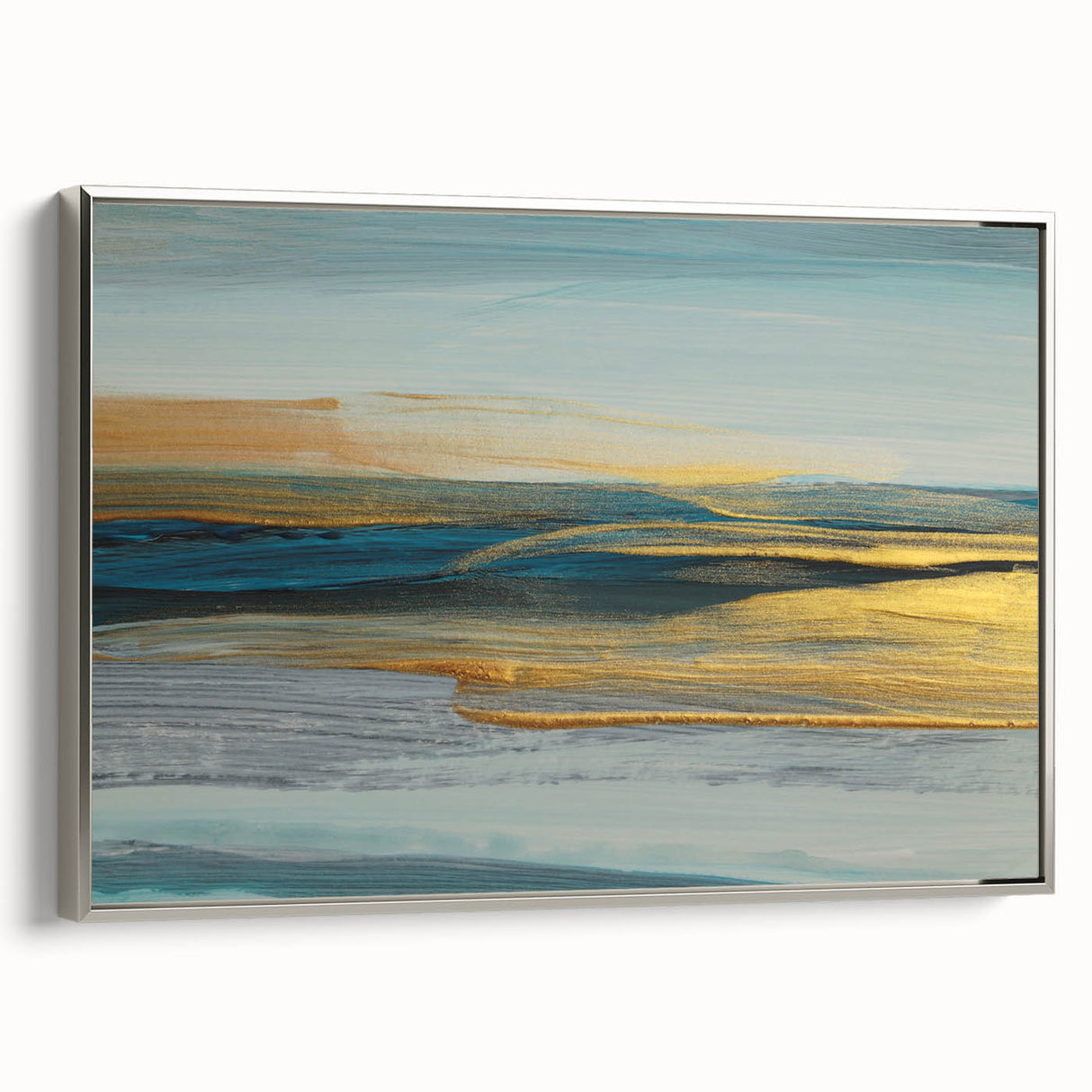 Abstract wall art featuring dynamic strokes and lines in a modern design, framed in silver, showcasing a sleek side view that enhances contemporary decor.