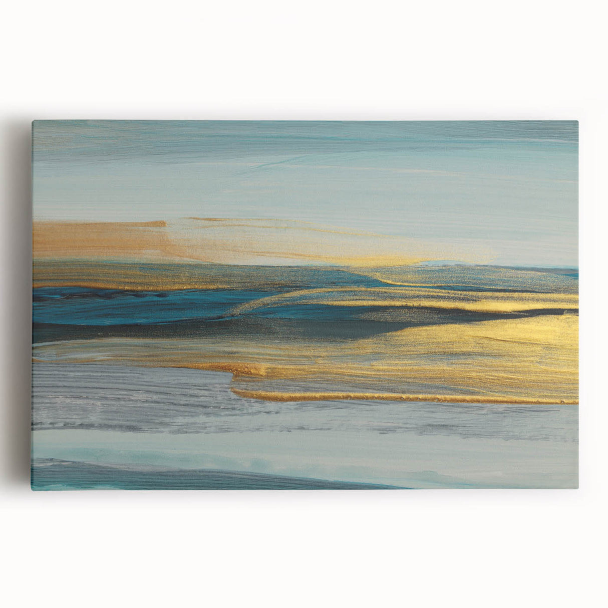 Abstract strokes and lines design printed on stretched canvas wall art, showcasing vibrant colors of blue, yellow, and red, perfect for modern home decor.