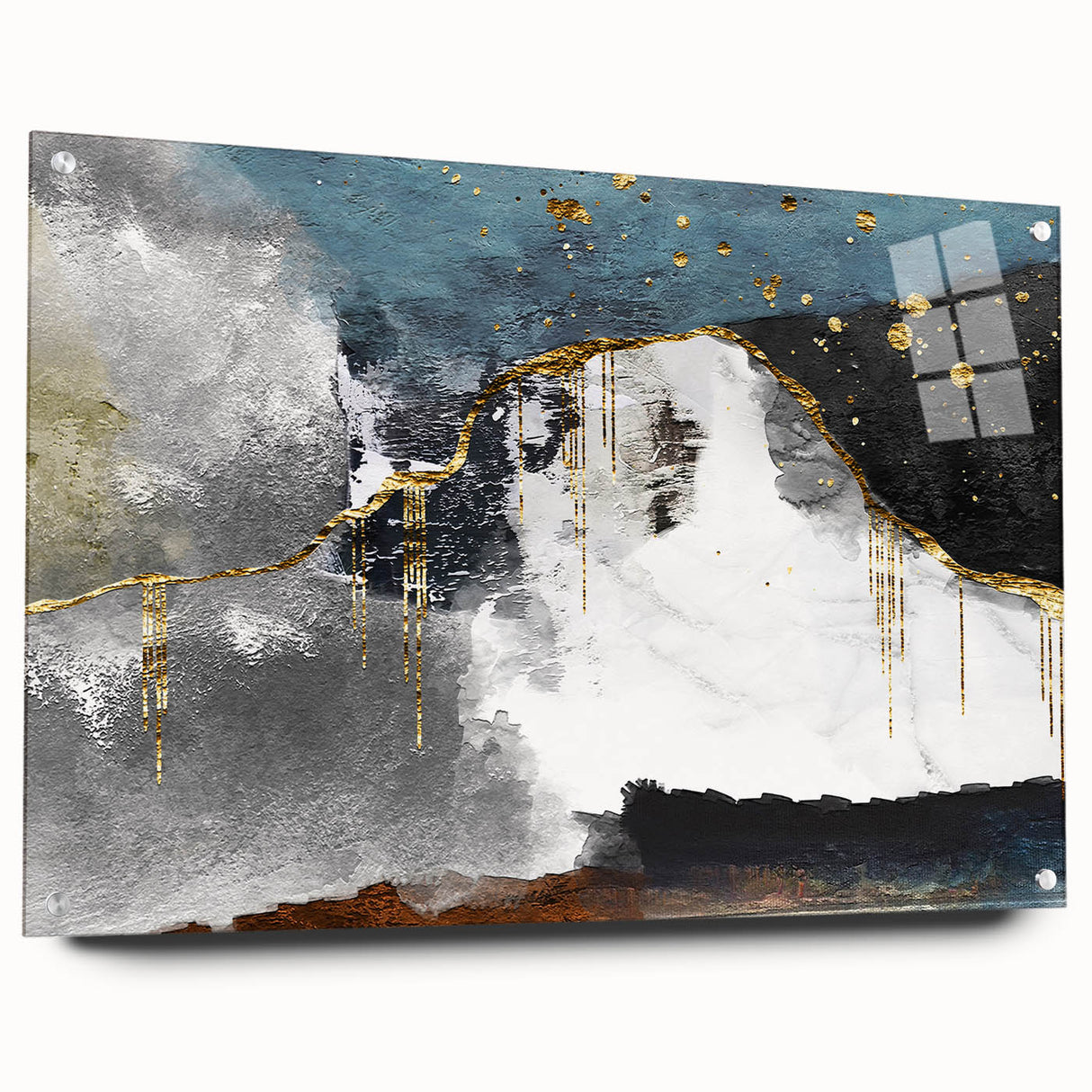 Acrylic glass wall art showcasing an abstract design of colorful strokes and lines, elegantly mounted with pins for display, perfect for modern decor.