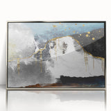 Framed wall art featuring an abstract design of colorful strokes and lines in silver and gray tones, perfect for modern home decor. This piece adds a contemporary touch to any room.