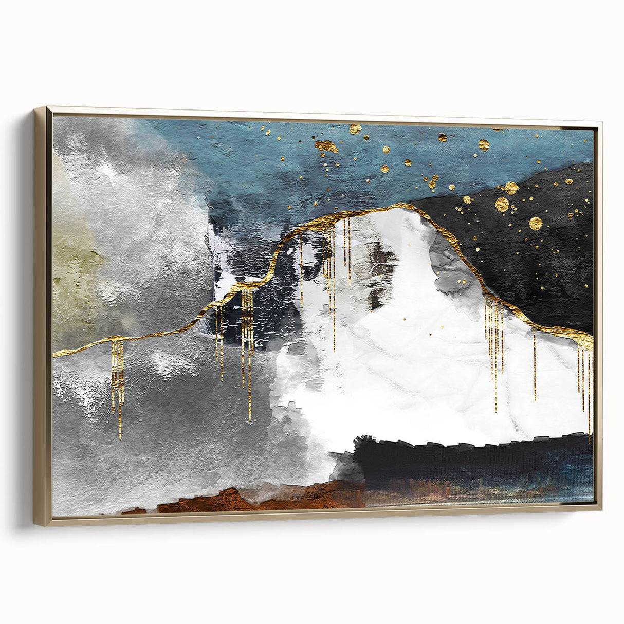 Framed wall art featuring abstract strokes and lines design in gold, showcasing a modern aesthetic. The canvas is elegantly displayed with a sleek frame, ideal for contemporary home decor.