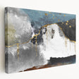 Stretched canvas artwork showcasing an abstract design of colorful strokes and lines, ideal for modern home decor, viewed from the side to highlight its depth and texture.