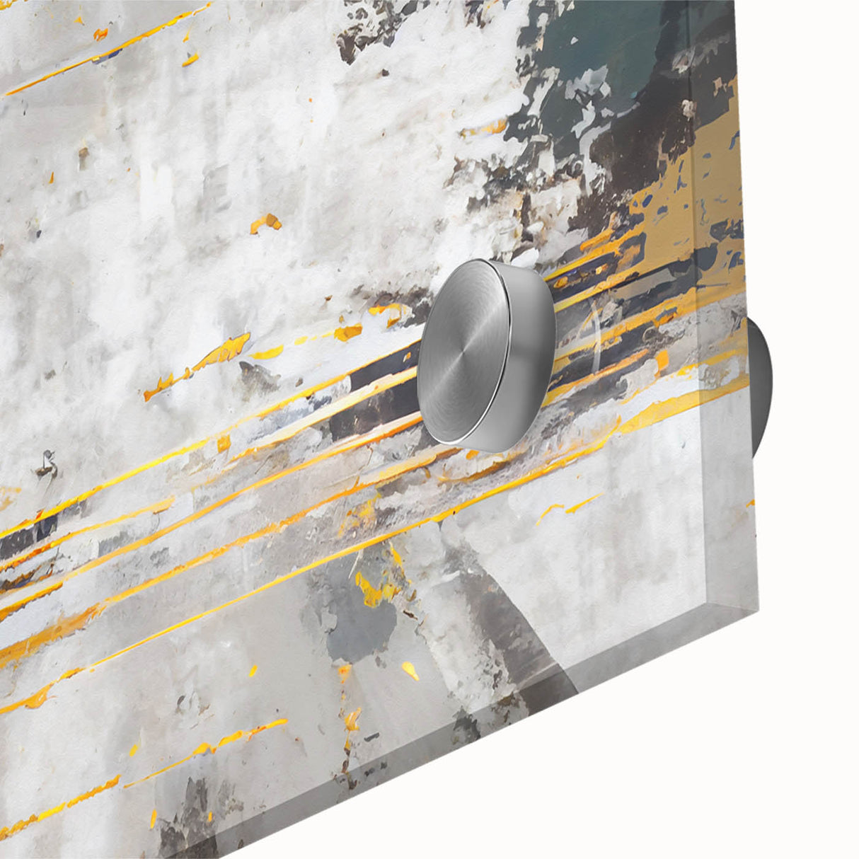 Close-up of an abstract wall art piece showcasing vibrant strokes and lines in a colorful design, printed on acrylic glass, perfect for modern home decor.