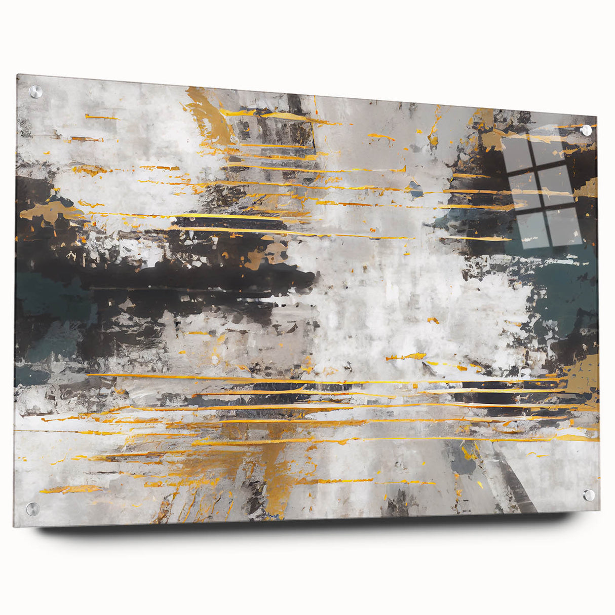 Abstract wall art featuring dynamic strokes and lines in vibrant colors, displayed in a side view with pins, showcasing its modern design and acrylic glass finish. Ideal for contemporary decor enthusiasts seeking unique home accents.