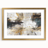 Abstract strokes and lines wall art design in a gold frame, showcasing a modern aesthetic with matting for added elegance, perfect for contemporary decor.