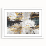 Abstract strokes and lines design wall art in a white frame with a mat, showcasing a modern aesthetic ideal for contemporary home decor. The artwork features a blend of soft colors and dynamic shapes, perfect for enhancing living spaces or offices.