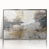 Framed wall art featuring abstract strokes and lines in a silver acrylic finish, ideal for modern home decor. The design showcases a blend of soft gray and white tones, adding an elegant touch to any space. Perfect for enhancing living rooms or offices with a contemporary aesthetic.
