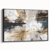 Framed canvas wall art displaying an abstract design of colorful strokes and lines in black and gold, ideal for modern home decor. Side view highlights the frame's sleek profile and premium finish.