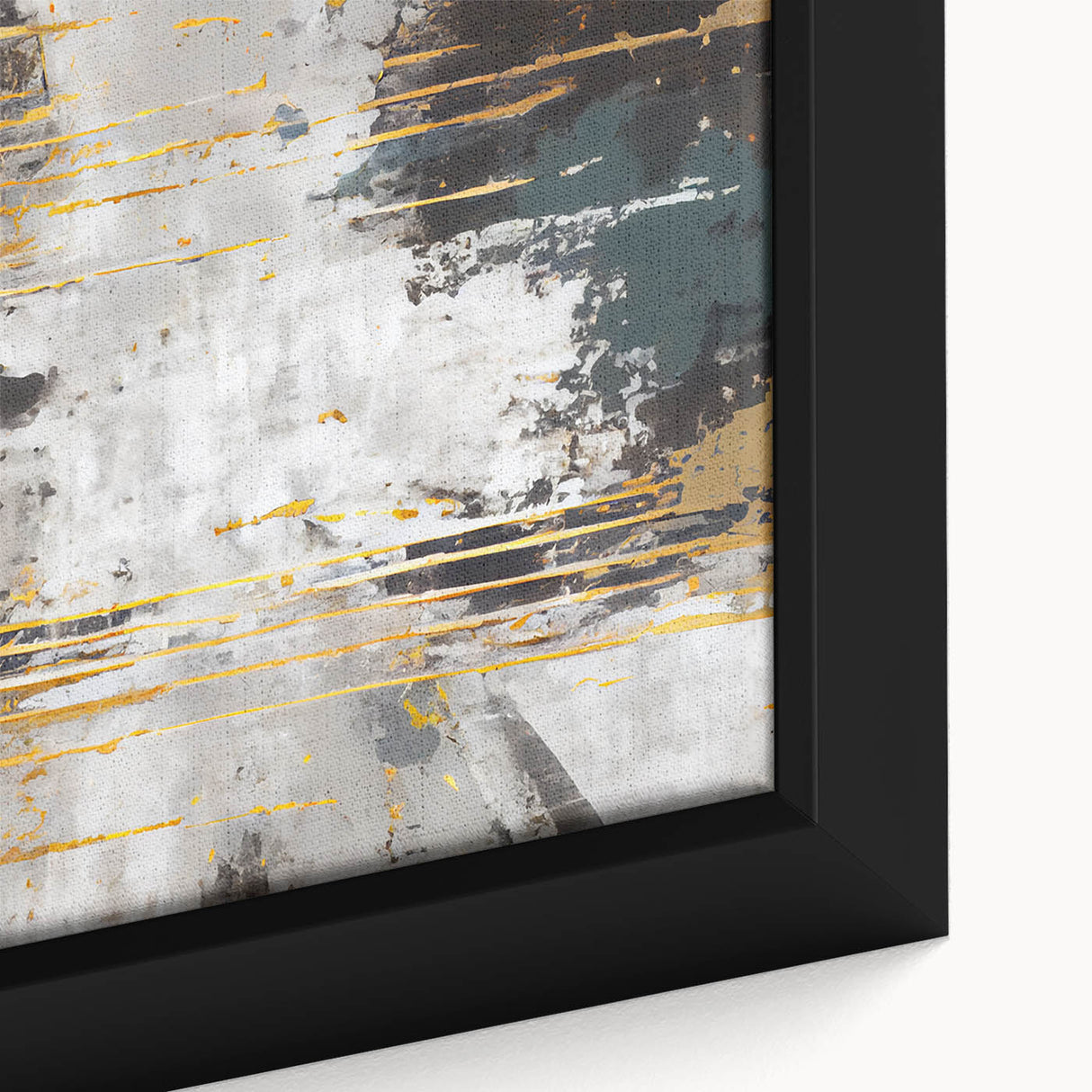 Close-up of a framed canvas wall art piece showcasing an abstract design with vibrant strokes and lines in shades of blue, orange, and gold, perfect for modern decor.