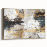 Framed wall art featuring an abstract design of gold strokes and lines on a textured canvas, showcasing a modern aesthetic suitable for contemporary decor.