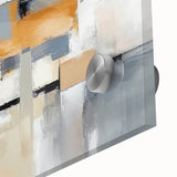 Close-up of an abstract wall art piece showcasing vibrant strokes and lines in a colorful design, printed on acrylic glass for a modern aesthetic.