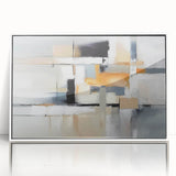 Framed acrylic wall art featuring an abstract design with colorful strokes and lines, set against a white background, ideal for modern home decor.