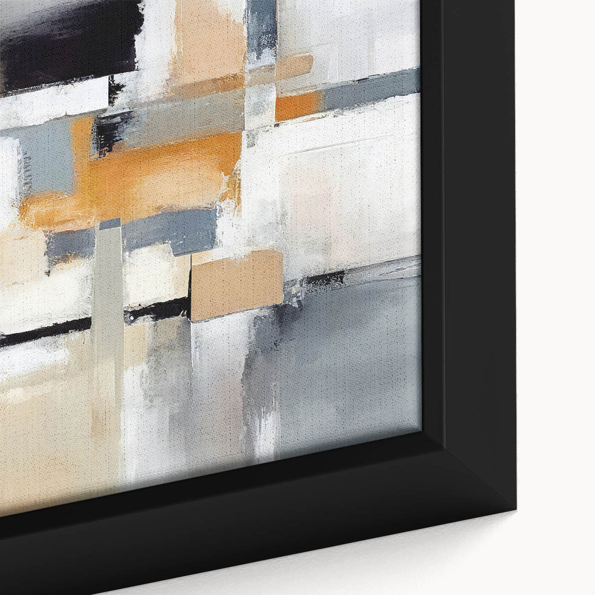 Close-up of a framed canvas wall art piece showcasing abstract strokes and lines in vibrant colors, perfect for modern home decor or office interiors.