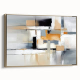 Framed abstract wall art showcasing dynamic strokes and lines in gold and black tones, perfect for modern decor, displayed at an angle to highlight its texture and depth.